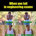 When you fail in exam 1st time, 2nd time, 3rd time, every time | When you fail in engineering exams; 1st time; 2nd time; Every semester; 3rd time | image tagged in exams,the engineer | made w/ Imgflip meme maker