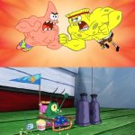 SpongeBob and Patrick fighting with Plankton cheering them