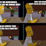 Door to Door Tingz | HAVE YOU HEARD ABOUT SOLAR MR HOMEOWNER? HEY MR HOMEOWNER, LOVELY DAY WE HAVING HUH? SOLAR LOWERS YOUR ELECTRIC BILLS MONTHLY | image tagged in homer simpson garage door | made w/ Imgflip meme maker