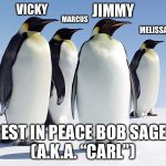 Rest In Peace Bob Saget | JIMMY; VICKY; MARCUS; MELISSA; REST IN PEACE BOB SAGET
(A.K.A. “CARL”) | image tagged in group of penguins,memes,bob saget,carl,movie,rest in peace | made w/ Imgflip meme maker