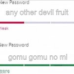 one piece meme i guess | any other devil fruit gomu gomu no mi | image tagged in password strength | made w/ Imgflip meme maker