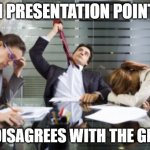 When the meeting is dragged from 30 mins to 90 mins | PLAN PRESENTATION POINTERS; GM DISAGREES WITH THE GRAPH | image tagged in work meetings | made w/ Imgflip meme maker