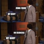 humans | NO SLEEP; MY BODY; JUNK FOOD; MY BODY; NO EXERCISE; MY BODY; "EVOLUTION SCREWED US OVER"; MY BODY (DOESNT WORK) | image tagged in who killed hannibal extended,health,exercise,funny,evolution | made w/ Imgflip meme maker