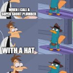 when i call a plumber | WHEN I CALL A SUPER SHORT PLUMBER; WITH A HAT; PERRY THE PLUMBER PLTAPUS | image tagged in perry the platapus plumber | made w/ Imgflip meme maker
