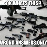 guns | OK WHATS THIS? WRONG ANSWERS ONLY! | image tagged in guns | made w/ Imgflip meme maker