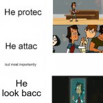 Noah He Protecc | He look bacc | image tagged in he protecc he attacc | made w/ Imgflip meme maker