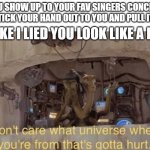 dang.. | YOU SHOW UP TO YOUR FAV SINGERS CONCERT THEY STICK YOUR HAND OUT TO YOU AND PULL IT BACK; "SIKE I LIED YOU LOOK LIKE A FRY" | image tagged in i don't care what universe where you're from that's gotta hurt | made w/ Imgflip meme maker