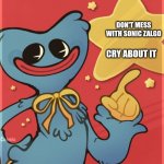 Huggy Says | DON'T MESS WITH SONIC ZALGO; CRY ABOUT IT | image tagged in huggy says | made w/ Imgflip meme maker