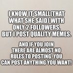 Pls and thx | YOU CAN COME TO MY MEME STREAM IF U WANT.
BE READY FOR SPEECH; I KNOW IT SMALL(THAT WHAT SHE SAID) WITH ONLY 2 FOLLOWERS, BUT I POST QUALITY MEMES. AND IF YOU JOIN THERE ARE ALMOST NO RULES TO POSTING. YOU CAN POST ANYTHING YOU WANT! SEE YOU THERE HOPEFULLY! | image tagged in blank canvas | made w/ Imgflip meme maker