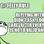 1# FELLY RULE | 1# FELLY RULE; REPLYING WITH "I DIDN'T ASK, I DON'T CARE" AFTER EVERYTHING IS NOT A VALID ANSWER | image tagged in felly rules | made w/ Imgflip meme maker