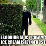 Michael Myers | ME LOOKING AT ICE CREAM AT THE ICE CREAM ISLE IN THE STORE | image tagged in michael myers | made w/ Imgflip meme maker