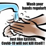 Epstein | Wash your hands regularly. Just like Epstein, Covid-19 will not kill itself ! | image tagged in washing hands | made w/ Imgflip meme maker
