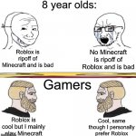 Like, why do they think there is a war or something? | 8 year olds:; No Minecraft is ripoff of Roblox and is bad; Roblox is ripoff of Minecraft and is bad; Gamers; Roblox is cool but I mainly play Minecraft; Cool, same though I personally prefer Roblox | image tagged in memes,funny,gifs,cats,roblox,minecraft | made w/ Imgflip meme maker