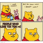 hate tik tok like Pooh do | PEOPLE WHO LIKE TIK TOK >:C | image tagged in pooh loves honey | made w/ Imgflip meme maker