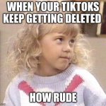 How rude | WHEN YOUR TIKTOKS KEEP GETTING DELETED; HOW RUDE | image tagged in stephanie tanner full house,how rude,mean,rude,full house,funny memes | made w/ Imgflip meme maker