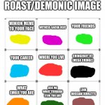pick your fate | PICK YOUR ROAST/DEMONIC IMAGE; WITNESS GACHA HEAT; YOUR FRIENDS; MINION MEME TO YOUR FACE; YOUR CAREER; WHERE YOU LIVE; CRINGEBOT V2 (MEGA CRINGE); WHAT EMOJI YOU ARE; ASK ME WHAT TERRARIA ITEM YOU ARE; LINK RUSSIAN ROULETTE | image tagged in 3x3 grid | made w/ Imgflip meme maker