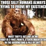 bigfoot | THOSE SILLY HUMANS ALWAYS TRYING TO PROVE MY EXISTENCE; MOST THEY'LL GET OUT OF ME TODAY IS 2 FOOT PRINTS, A SACK INDENTATION IN THE GROUND AND A PILE OF $H!T. | image tagged in bigfoot | made w/ Imgflip meme maker