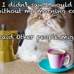 Coffee cat | I didn’t say I would die without my morning coffee, I said Other people might. Yates | image tagged in coffee cat,cat angry | made w/ Imgflip meme maker