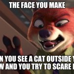 Dealing with Cats in Zootopia | THE FACE YOU MAKE; WHEN YOU SEE A CAT OUTSIDE YOUR WINDOW AND YOU TRY TO SCARE IT AWAY | image tagged in nick wilde scary,zootopia,nick wilde,the face you make when,funny,memes | made w/ Imgflip meme maker