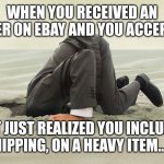 Head buried in sand, mistake | WHEN YOU RECEIVED AN OFFER ON EBAY AND YOU ACCEPTED; BUT JUST REALIZED YOU INCLUDED FREE SHIPPING, ON A HEAVY ITEM.. DOINK! | image tagged in head buried in sand | made w/ Imgflip meme maker