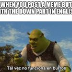 Tal vez no funciona en burros | WHEN YOU POST A MEME BUT WITH THE DOWN PART IN ENGLISH | image tagged in tal vez no funciona en burros | made w/ Imgflip meme maker