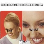 Oh boy | FRIEND: DID YOU STUDY FOR THE MATH TEST TODAY? ME: | image tagged in the what | made w/ Imgflip meme maker