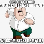 Tamago Kake Gohan | GUYS DON'T SEARCH TAMAGO KAKE GOHAN OTHER NAMES; WORST MISTAKE OF MY LIFE | image tagged in peter griffin worst mistake of my life | made w/ Imgflip meme maker