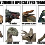 Dinosaurs vs a Zombie Apocalypse | image tagged in zombie team,jurassic world,jurassic park | made w/ Imgflip meme maker
