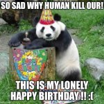 Sad panda | SO SAD WHY HUMAN KILL OUR! THIS IS MY LONELY HAPPY BIRTHDAY !! :( | image tagged in birthday panda | made w/ Imgflip meme maker