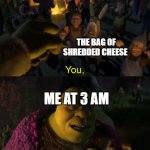Shrek you're coming with me | THE BAG OF SHREDDED CHEESE; ME AT 3 AM | image tagged in shrek you're coming with me | made w/ Imgflip meme maker