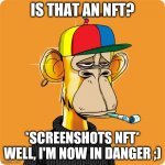Don't screenshot nfts, biggest mistake of my life | IS THAT AN NFT? *SCREENSHOTS NFT* WELL, I'M NOW IN DANGER ;) | image tagged in nft | made w/ Imgflip meme maker