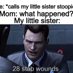 little sisters be like: | Me: *calls my little sister stoopid*; Mom: what happened? My little sister:; 28 stab wounds | image tagged in 28 stab wounds,siblings | made w/ Imgflip meme maker