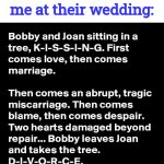 This isn't nice | Bobby and Joan: *get married*; me at their wedding: | image tagged in sitting in a tree dark version,i am the greatest villain of all time,dark humor,wtf,that's the evilest thing i can imagine | made w/ Imgflip meme maker