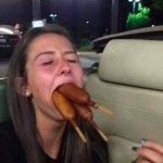 Woman mouthful corndogs hot dogs funny humor