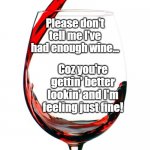 Red wine  | Please don't tell me I've had enough wine... Coz you're gettin' better lookin' and I'm feeling just fine! | image tagged in red wine | made w/ Imgflip meme maker
