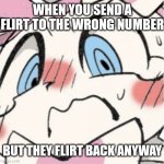 An Embarrassed Sylveon | WHEN YOU SEND A FLIRT TO THE WRONG NUMBER; BUT THEY FLIRT BACK ANYWAY | image tagged in sylveon blushing,embarrassed,flirt,wrong number,reply,texting | made w/ Imgflip meme maker