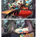 Cuphead and Mugman get hit by a tree