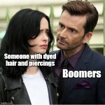 Ok Boomer | Someone with dyed hair and piercings; Boomers | image tagged in dr who stare,boomer,staring,ok boomer | made w/ Imgflip meme maker