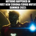 This is a very clever-ass title I made just now | NOTHING HAPPENED IN 2021 JUST NEW CORONA/COVID MUTATIONS.
SUMMER 2022: | image tagged in zombie iron man,2021,2022,coronavirus,covid-19,lmao i make a dozen of new random-ass tags | made w/ Imgflip meme maker