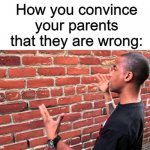 relatable. | How you convince your parents that they are wrong: | image tagged in man talking to wall | made w/ Imgflip meme maker