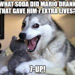 pun dog | WHAT SODA DID MARIO DRANK THAT GAVE HIM 7 EXTRA LIVES? 7-UP! | image tagged in pun dog | made w/ Imgflip meme maker