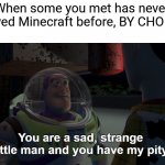 I'll be making memes till I lose relevancy. So... Either forever, never again, or somewhere between. | When some you met has never played Minecraft before, BY CHOICE: | image tagged in you are a sad strange little man and you have my pity,minecraft,memes,funny | made w/ Imgflip meme maker