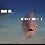 Growing up | REAL LIFE; A PERSON TURNING 18 | image tagged in suddenly mortal fish | made w/ Imgflip meme maker