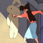 Shin-Chan professor punching stuffed rabbit