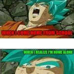 Home Alone | WHEN I COME HOME FROM SCHOOL; WHEN I REALIZE I'M HOME ALONE | image tagged in dragon ball z | made w/ Imgflip meme maker