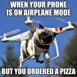 Flying Pug | WHEN YOUR PHONE IS ON AIRPLANE MODE BUT YOU ORDERED A PIZZA | image tagged in flying pug | made w/ Imgflip meme maker