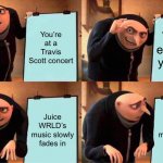 Gru's Plan Meme | You’re at a Travis Scott concert You’re enjoying yourself Juice WRLD’s music slowly fades in Juice WRLD’s music slowly fades in | image tagged in memes,gru's plan,funny,sauce made this,gifs,not really a gif | made w/ Imgflip meme maker