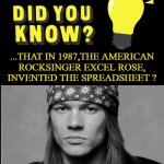 "Metal for life" on Fb | ...THAT IN 1987,THE AMERICAN
ROCKSINGER EXCEL ROSE,
INVENTED THE SPREADSHEET ? | image tagged in funny,meme,axl rose,heavy metal,did you know,hard rock | made w/ Imgflip meme maker