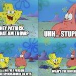 HEy patrick, what am I now? | HEY PATRICK, WHAT AM I NOW? UHH... STUPID? WHAT'S THE DIFFERENCE? NO I'M A PERSON THAT SPENDS MONEY ON NFTS | image tagged in hey patrick what am i now | made w/ Imgflip meme maker