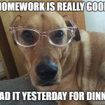 Smarty Dog | HOMEWORK IS REALLY GOOD; I HAD IT YESTERDAY FOR DINNER | image tagged in smarty dog | made w/ Imgflip meme maker